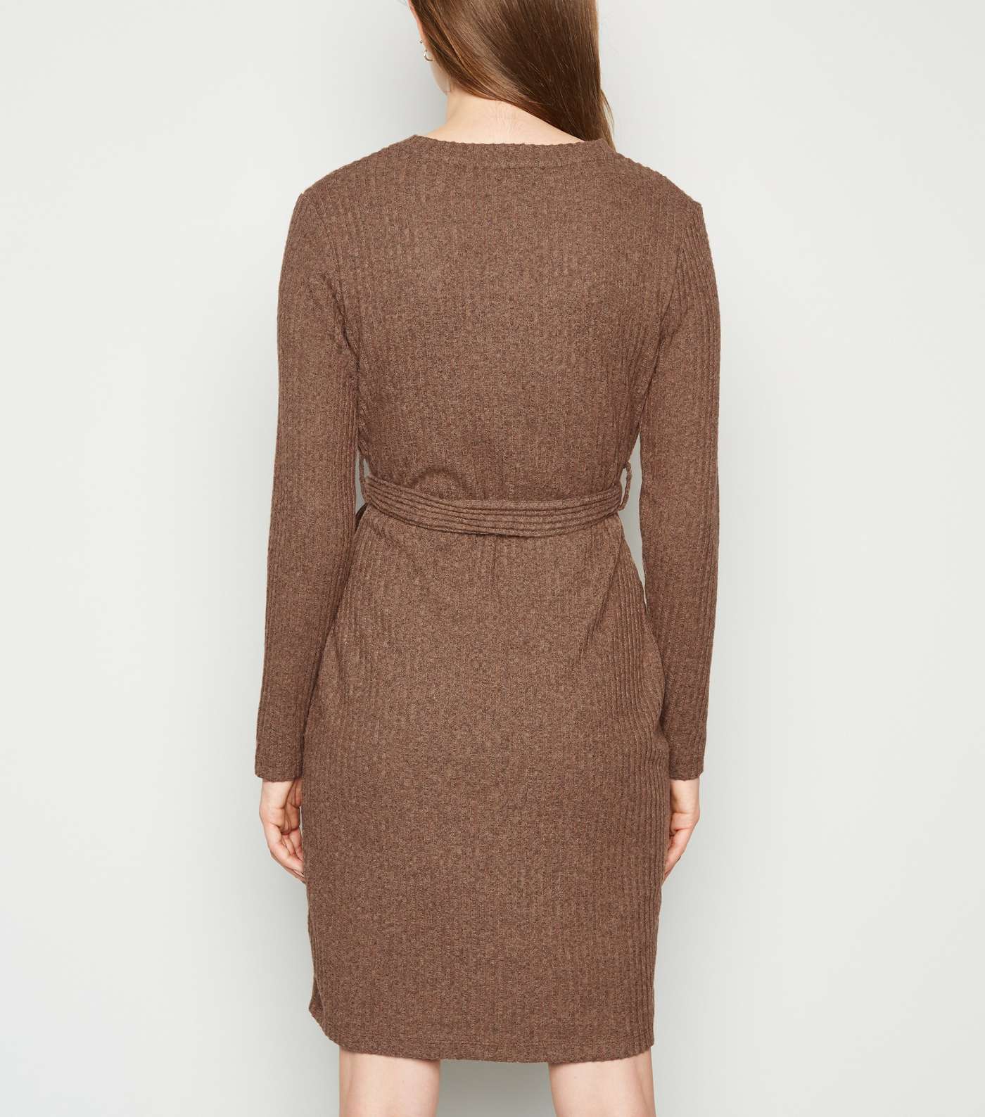 Rust Ribbed Fine Knit Belted Tunic Dress Image 3