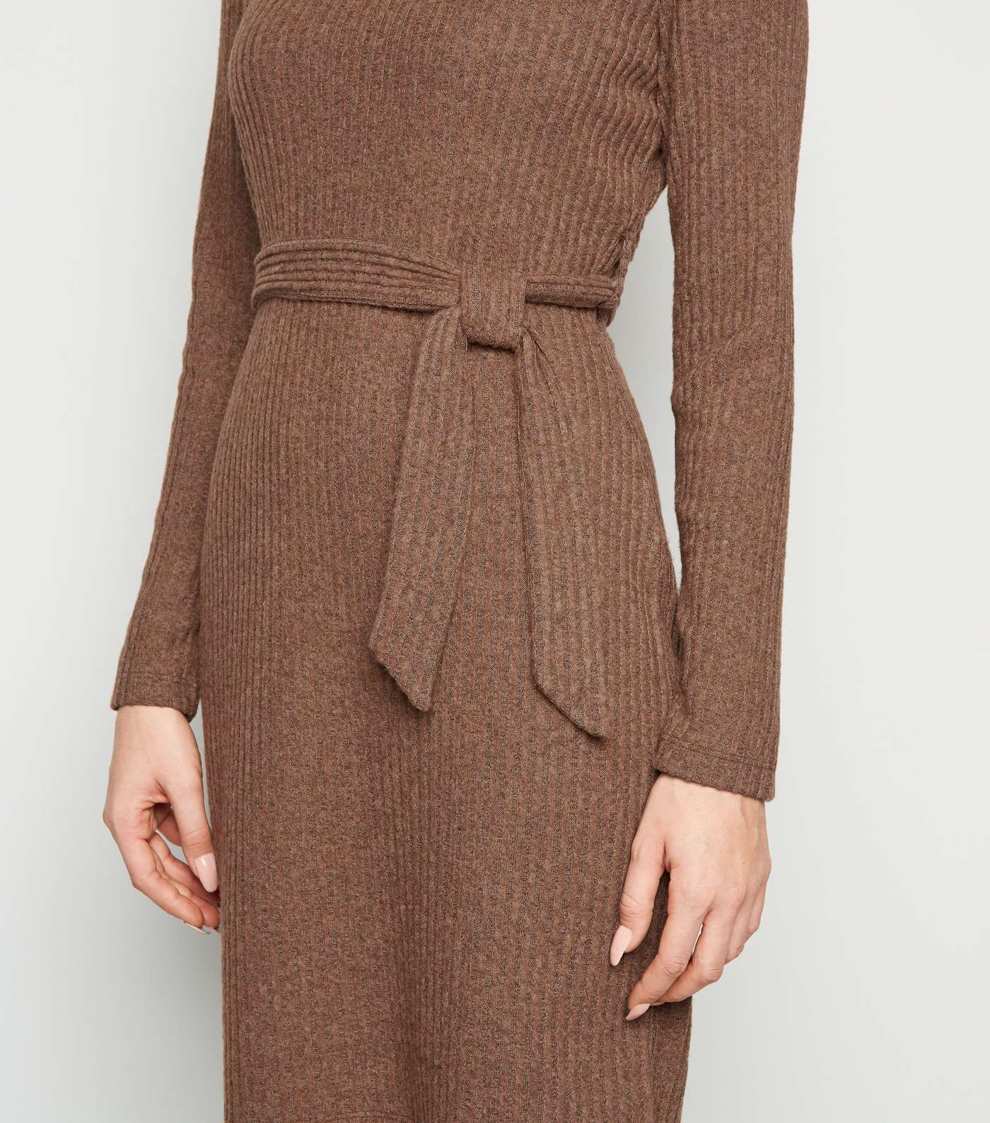 Rust Ribbed Fine Knit Belted Tunic Dress Image 5
