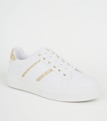 White Leather-Look Faux Croc Stripe Trainers | New Look