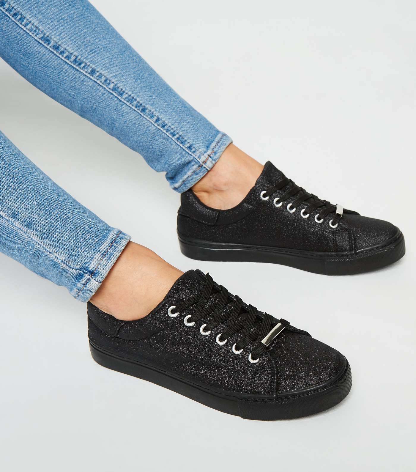 Black Glitter Lace Up Trainers Image 2
