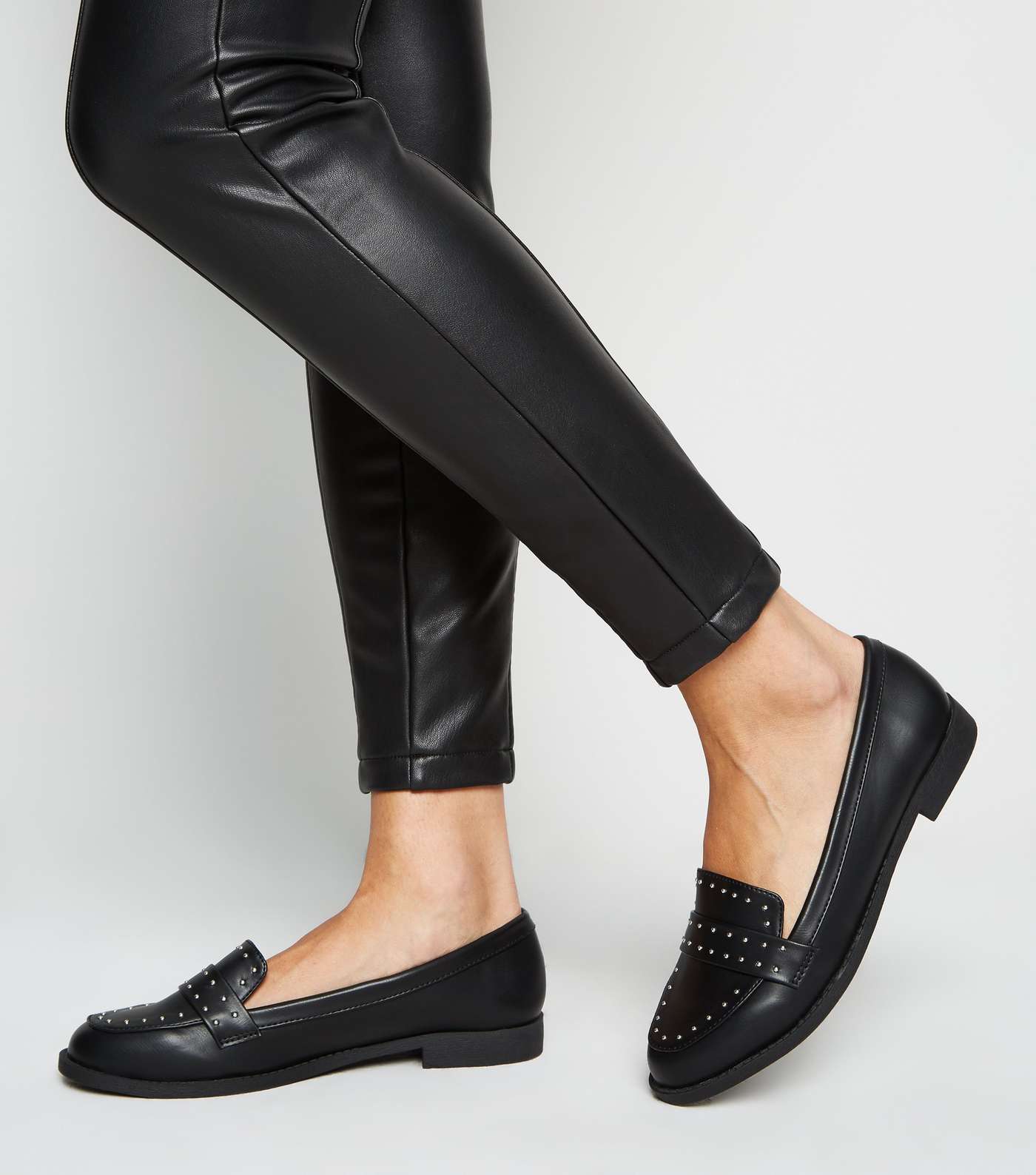 Wide Fit Black Leather-Look Studded Loafers Image 2