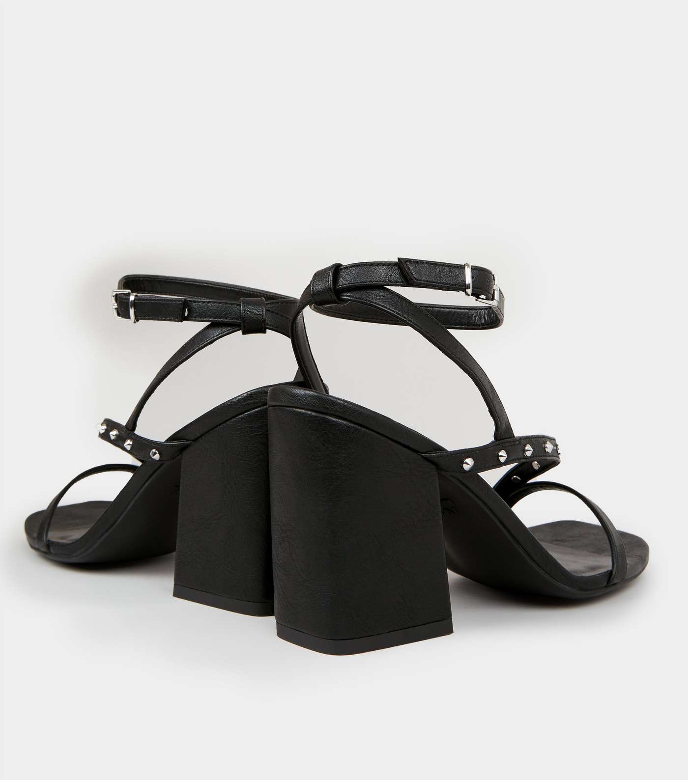 Black Leather-Look Stud Strappy Block Heels Image 4