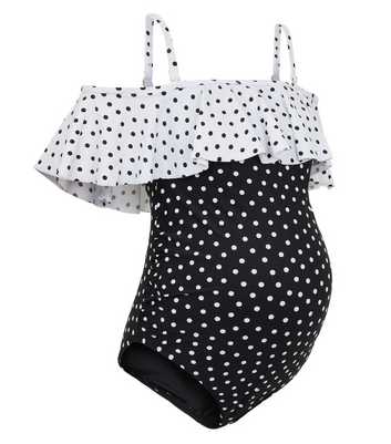 Maternity Black Spot Ruffle Trim Swimsuit