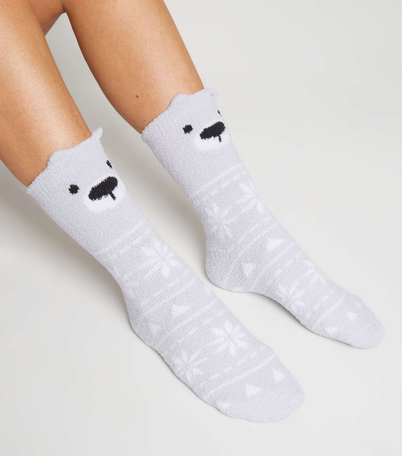 Pale Grey Bear Snowflake Fluffy Socks Image 2