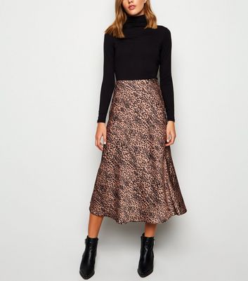 Brown Bias Cut Satin Spot Midi Skirt | New Look