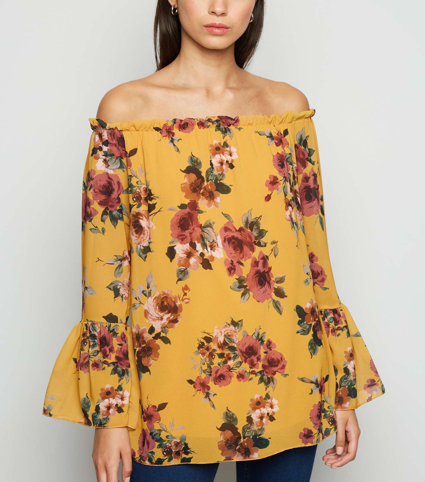 Mela Mustard Chiffon Floral Bardot Top