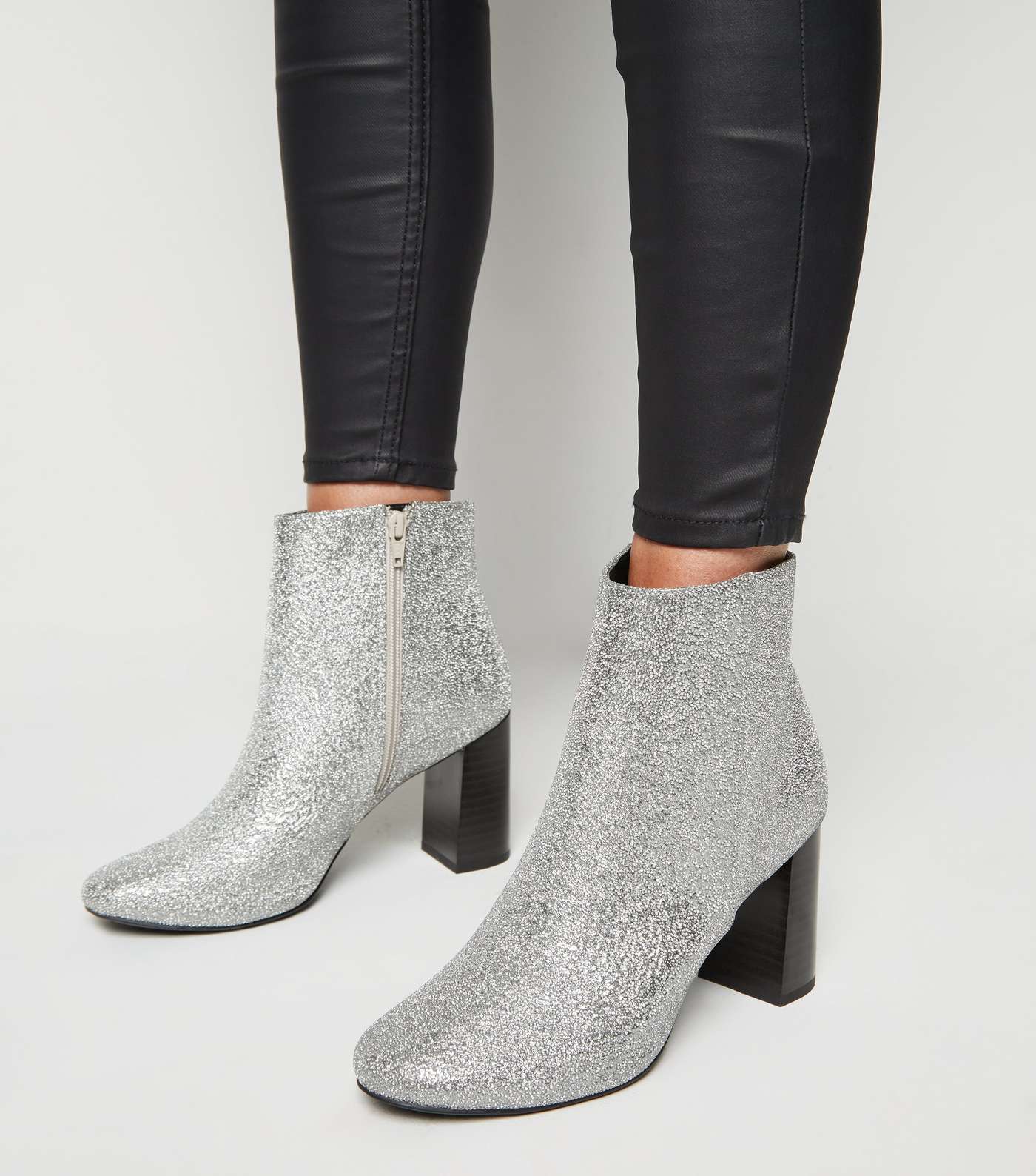 Silver Glitter Square Toe Heeled Ankle Boots Image 2