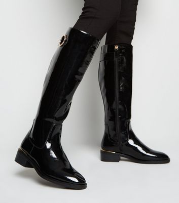 Ladies black patent hot sale knee high boots