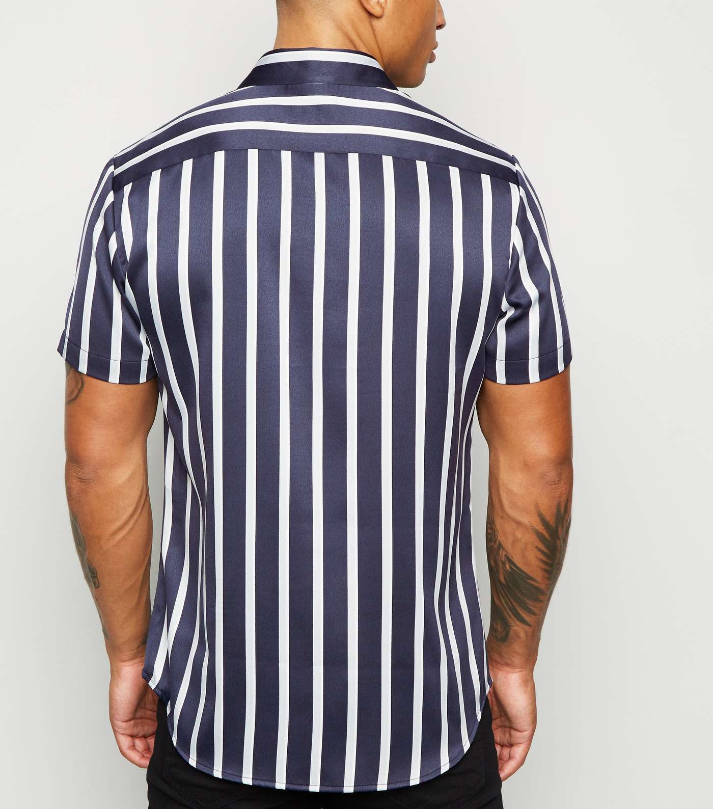 Navy Stripe Satin Short Sleeve Shirt Image 3