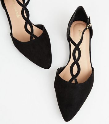 Black Pointed T-Bar Ballet Pumps | New Look