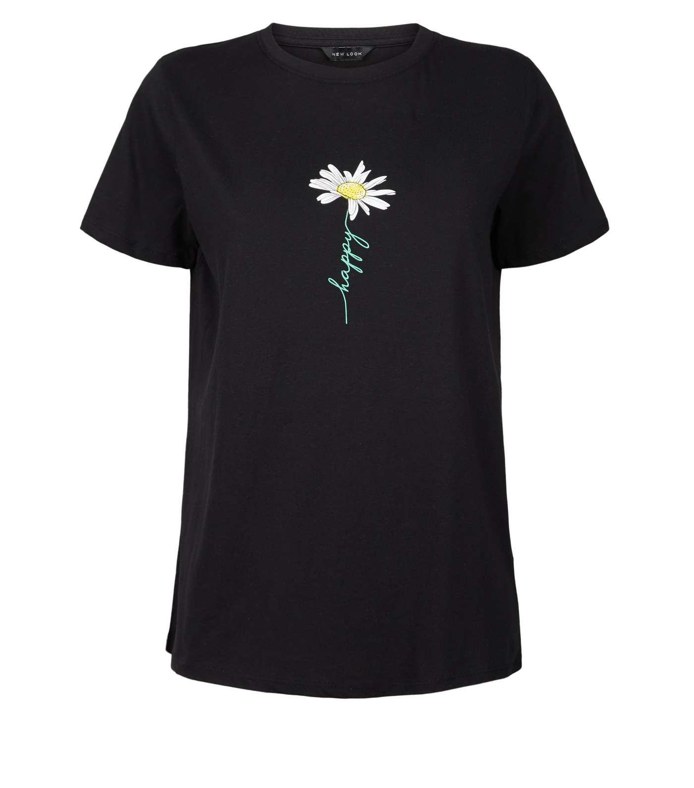 Black Happy Daisy Slogan T-Shirt Image 4