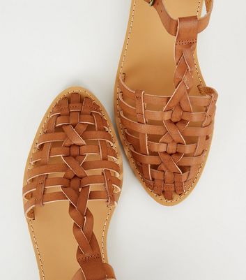 tan leather woven sandals