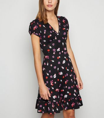 Black Floral Jersey Frill Mini Dress | New Look