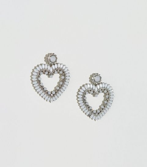 White Gem Heart Earrings