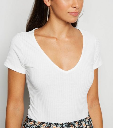White Ribbed V Neck Bodysuit