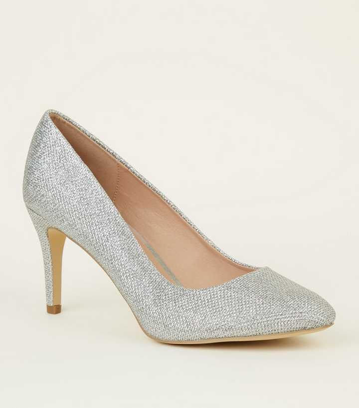 Silver Glitter Mid Heel Court Shoes | New Look