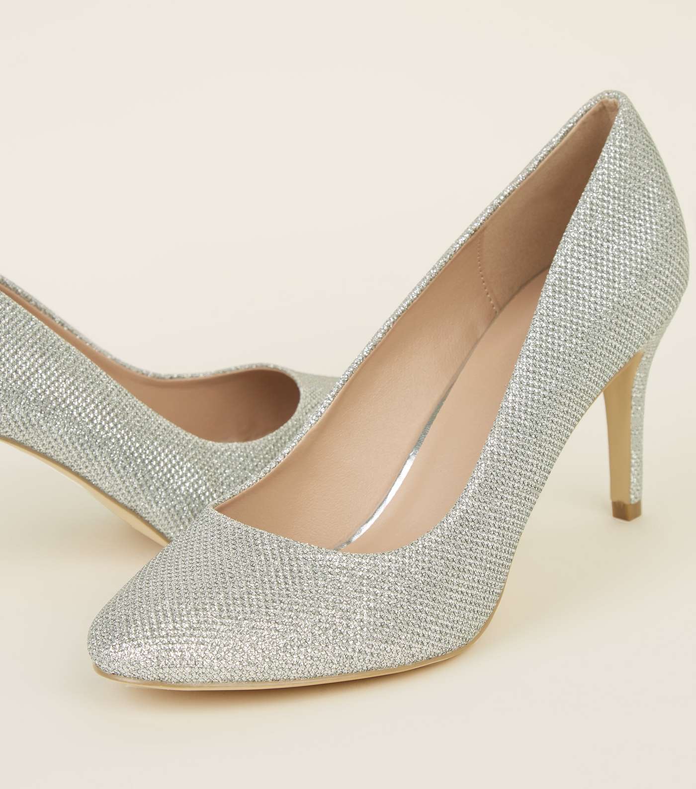 Silver Glitter Mid Heel Court Shoes Image 4