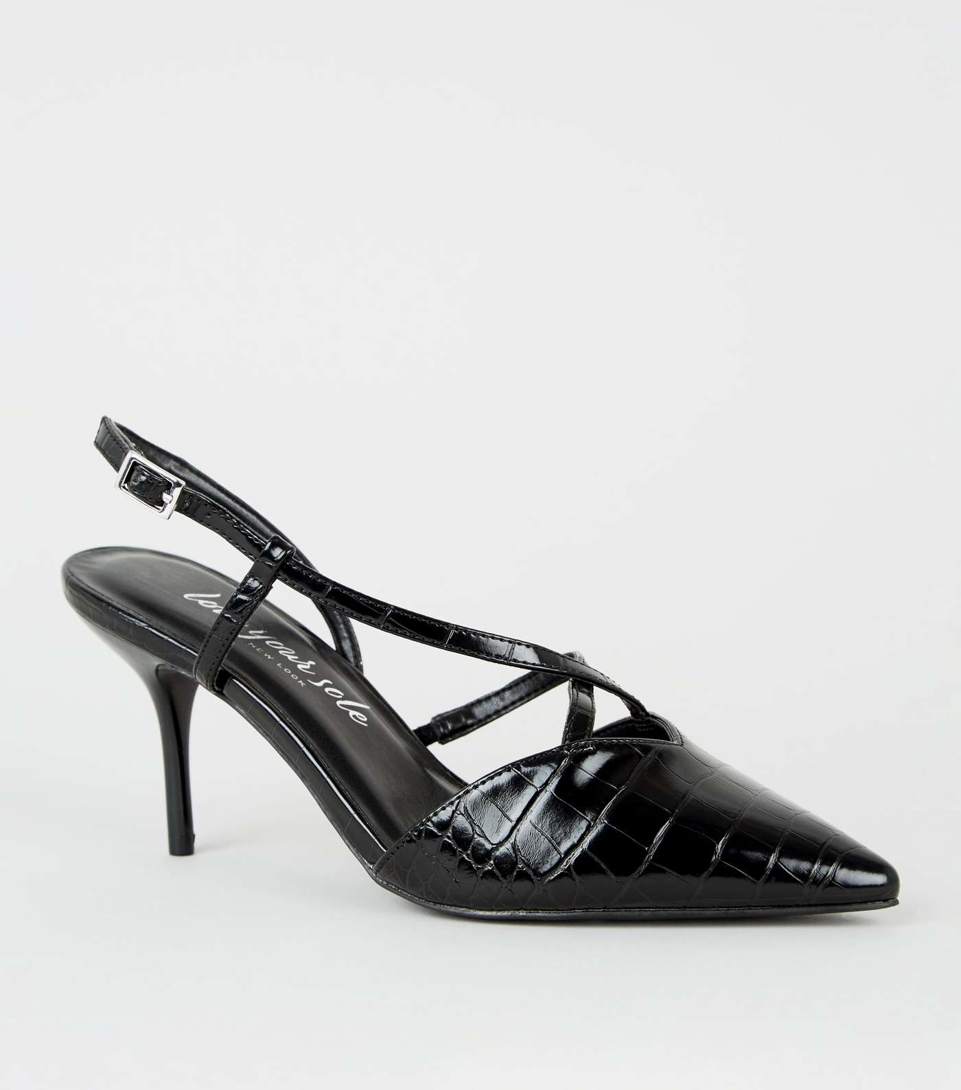 Black Faux Croc Strappy Court Shoes