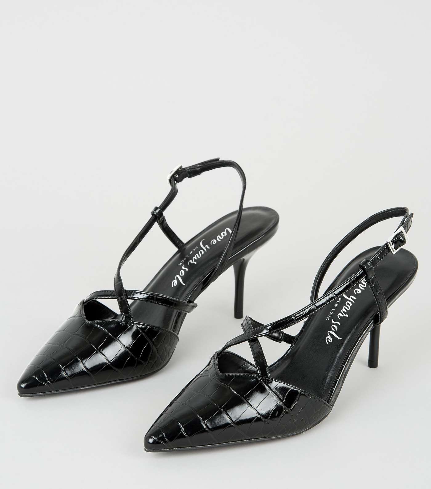Black Faux Croc Strappy Court Shoes Image 3