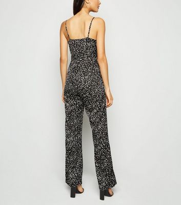 Image of Black Satin Spot Print Strappy Jumpsuit New Look
