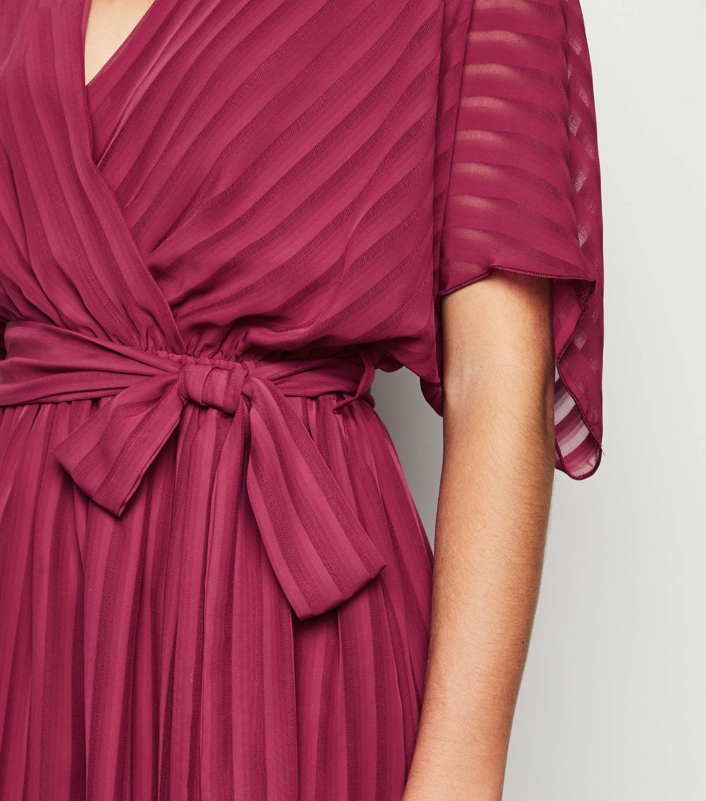 Burgundy Chiffon Stripe Tie Waist Wrap Dress Image 3