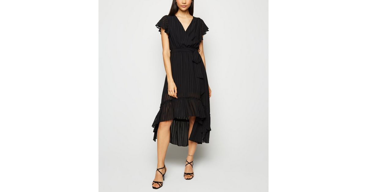 Black Chiffon Stripe Ruffle Midi Dress | New Look