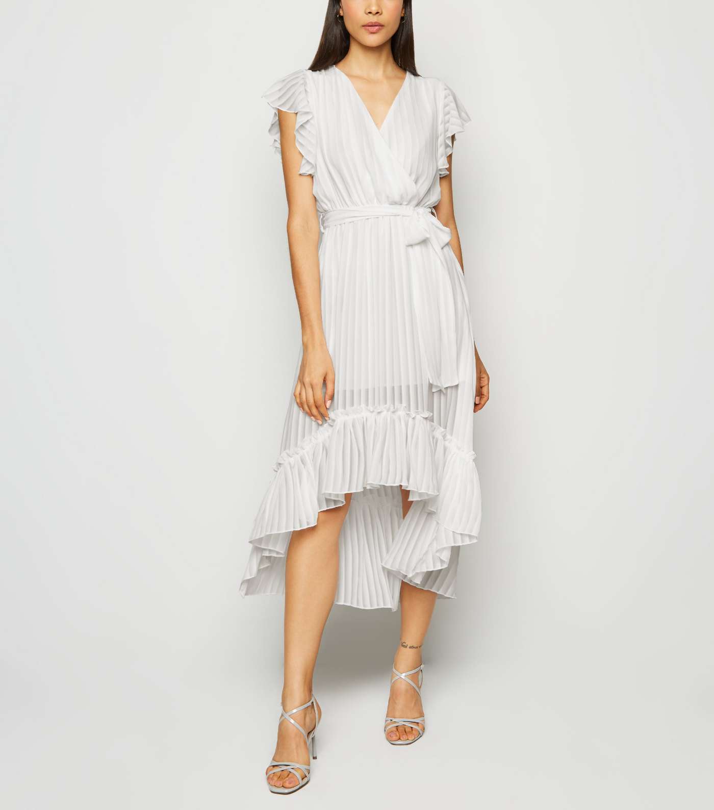 White Chiffon Stripe Ruffle Midi Dress