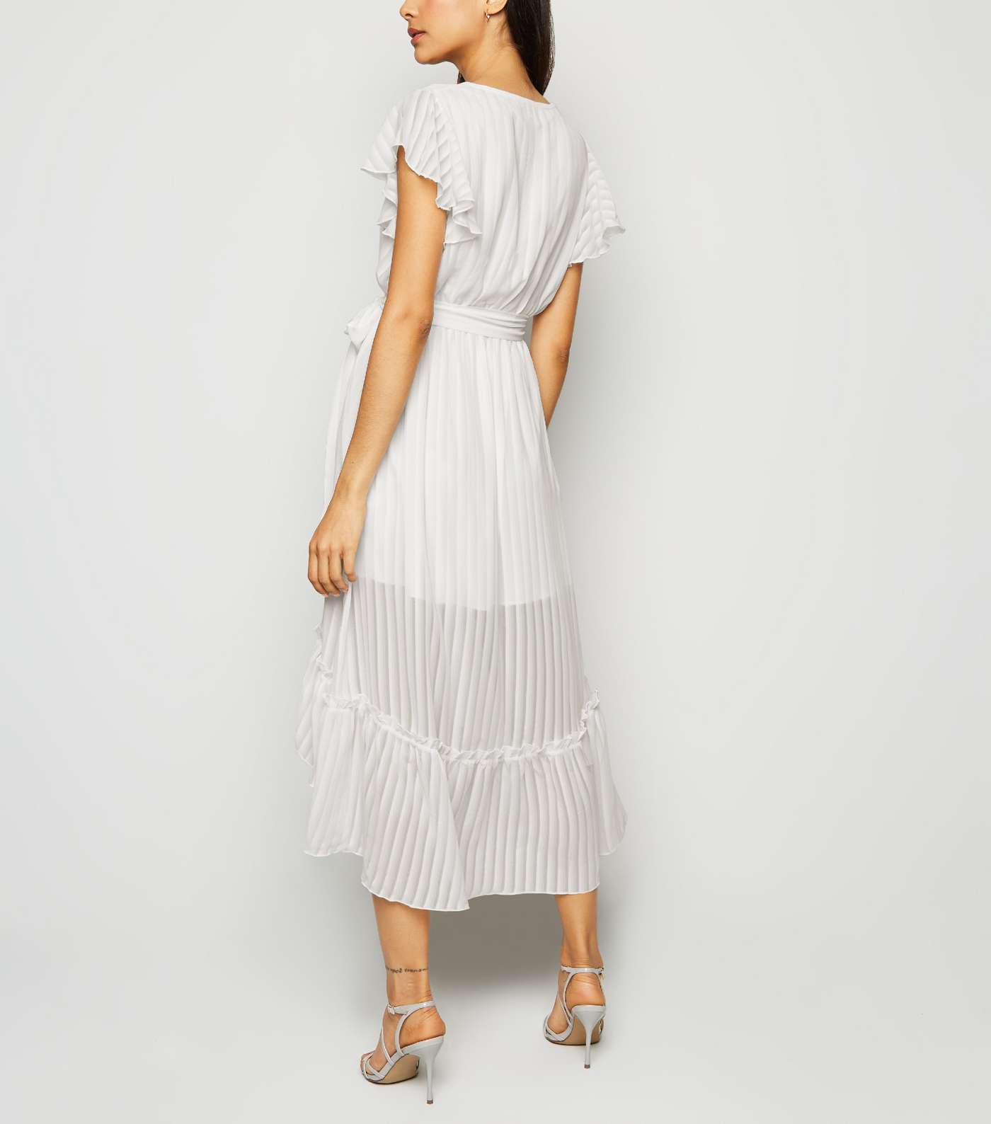 White Chiffon Stripe Ruffle Midi Dress Image 3