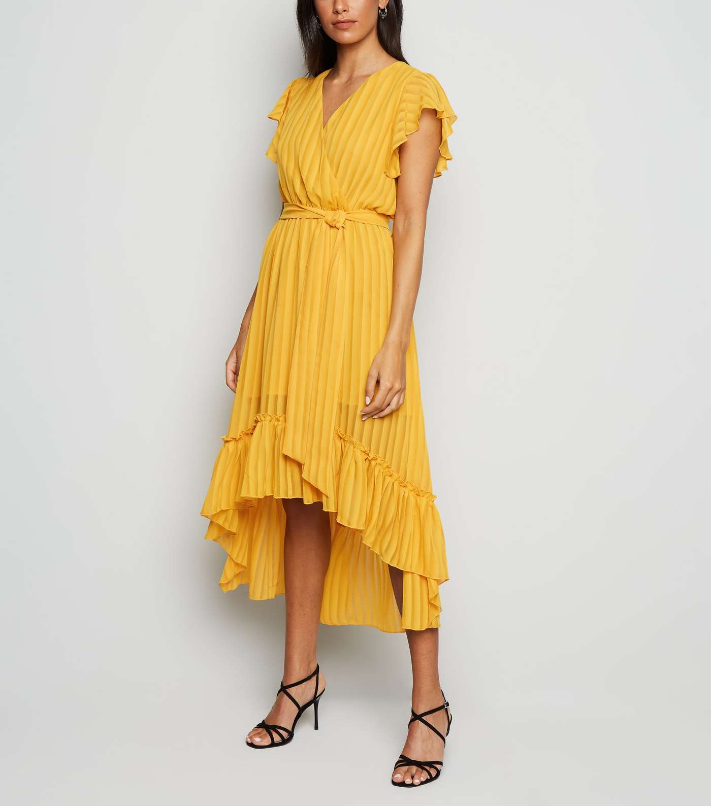 Mustard Chiffon Stripe Ruffle Midi Dress
