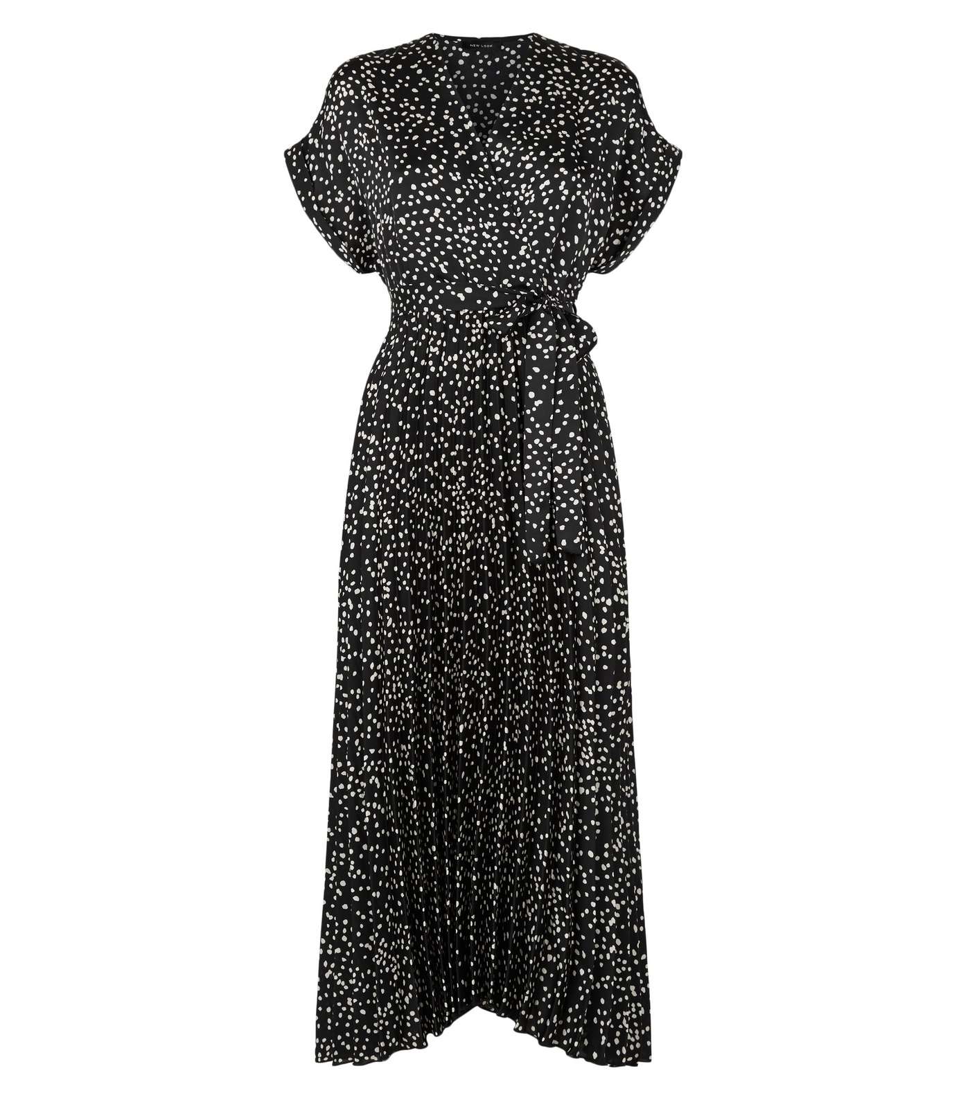 Black Satin Spot Pleated Midi Dress Image 4