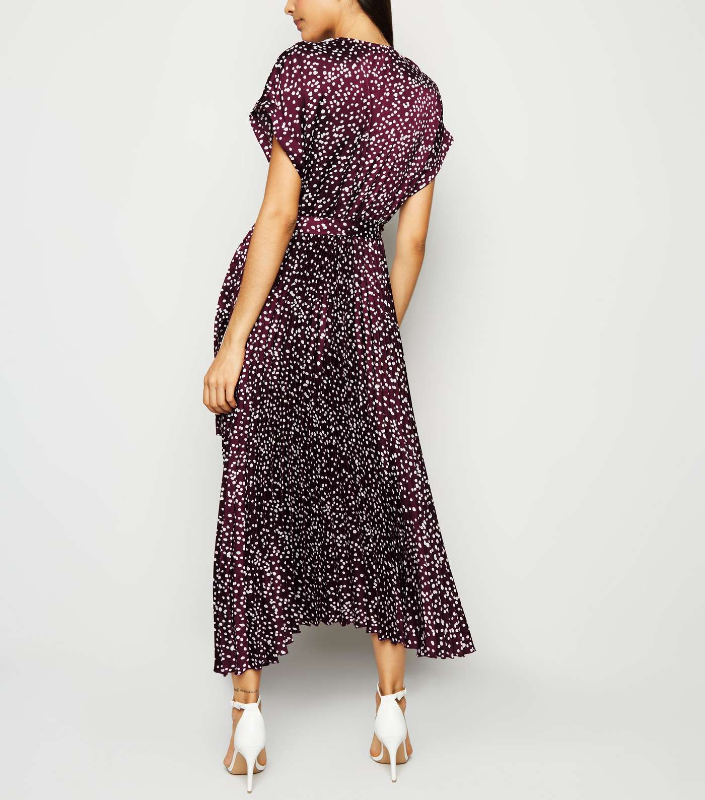 Purple Satin Spot Pleated Midi Dress Image 3