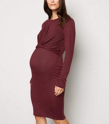 Maternity Burgundy Fine Knit Twist Nursing Dress New Look