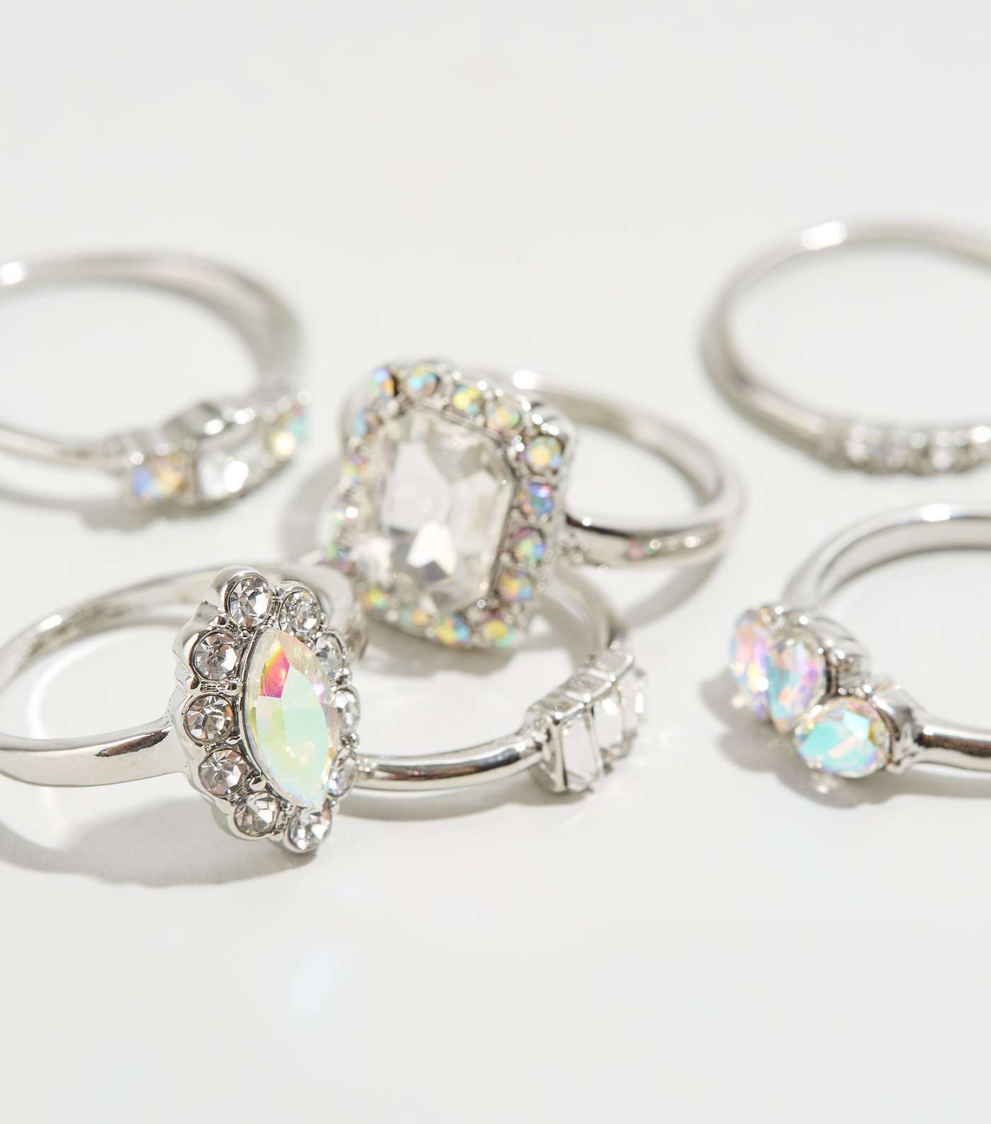 6 Pack Silver Premium Diamanté Gem Stacking Rings Image 2