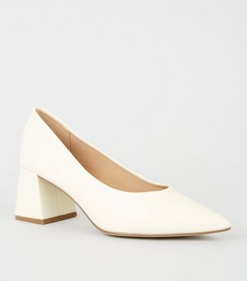 White Leather-Look Flared Court Shoes 