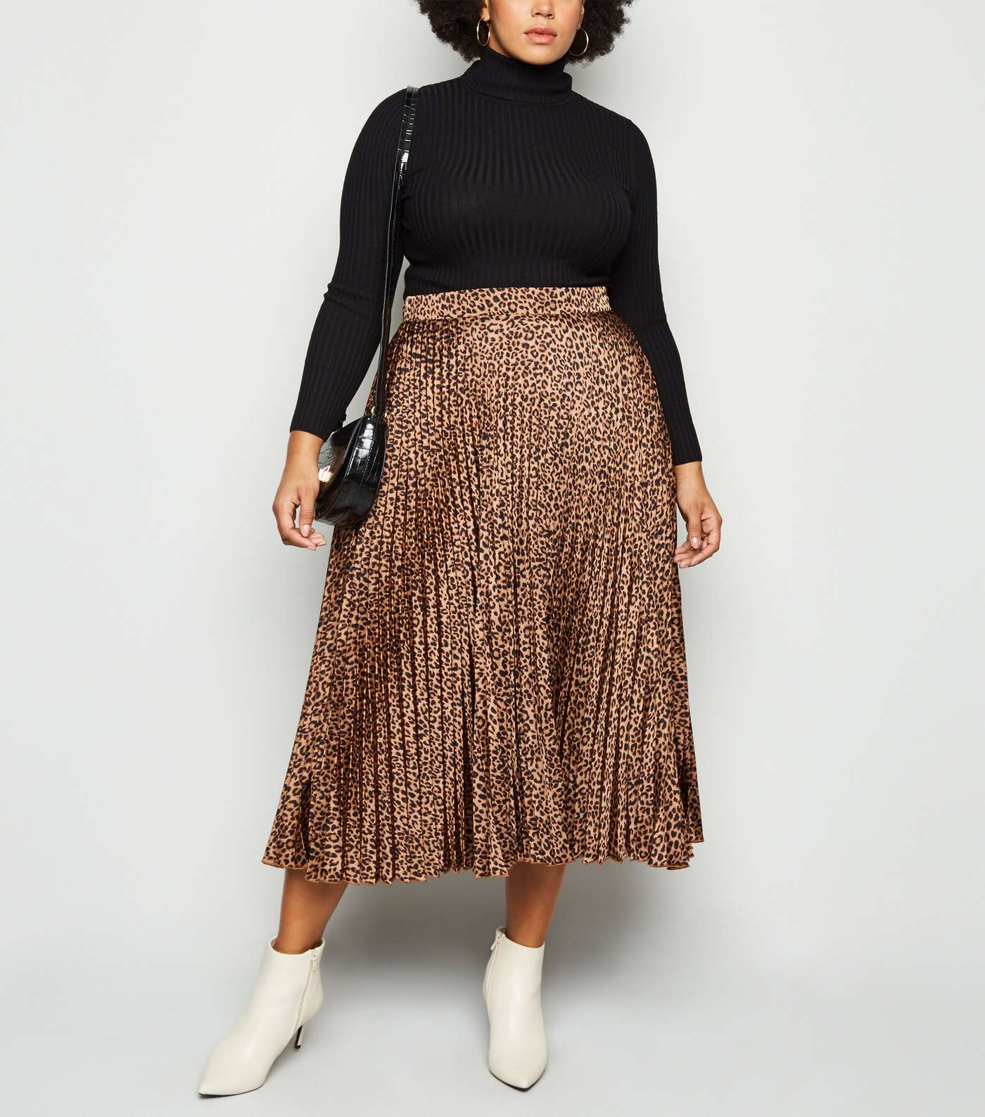 Curves Brown Satin Leopard Print Pleated Midi Skirt