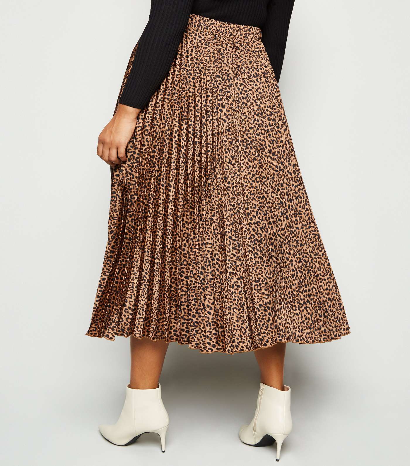 Curves Brown Satin Leopard Print Pleated Midi Skirt Image 3