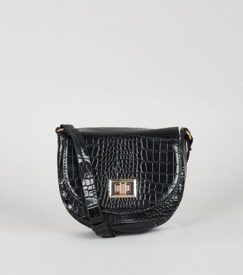 Black Faux Croc Saddle Bag