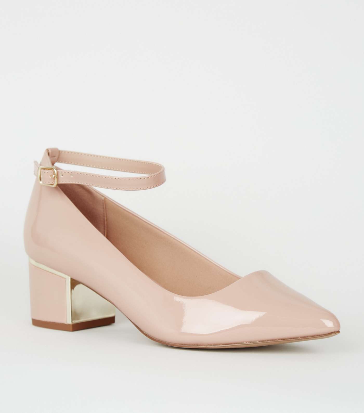 Wide Fit Pale Pink Patent Metal Block Heels 