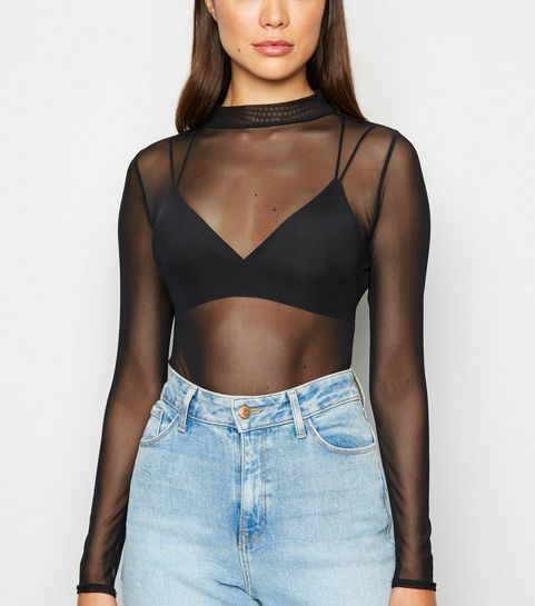 Black Mesh Long Sleeve Bodysuit