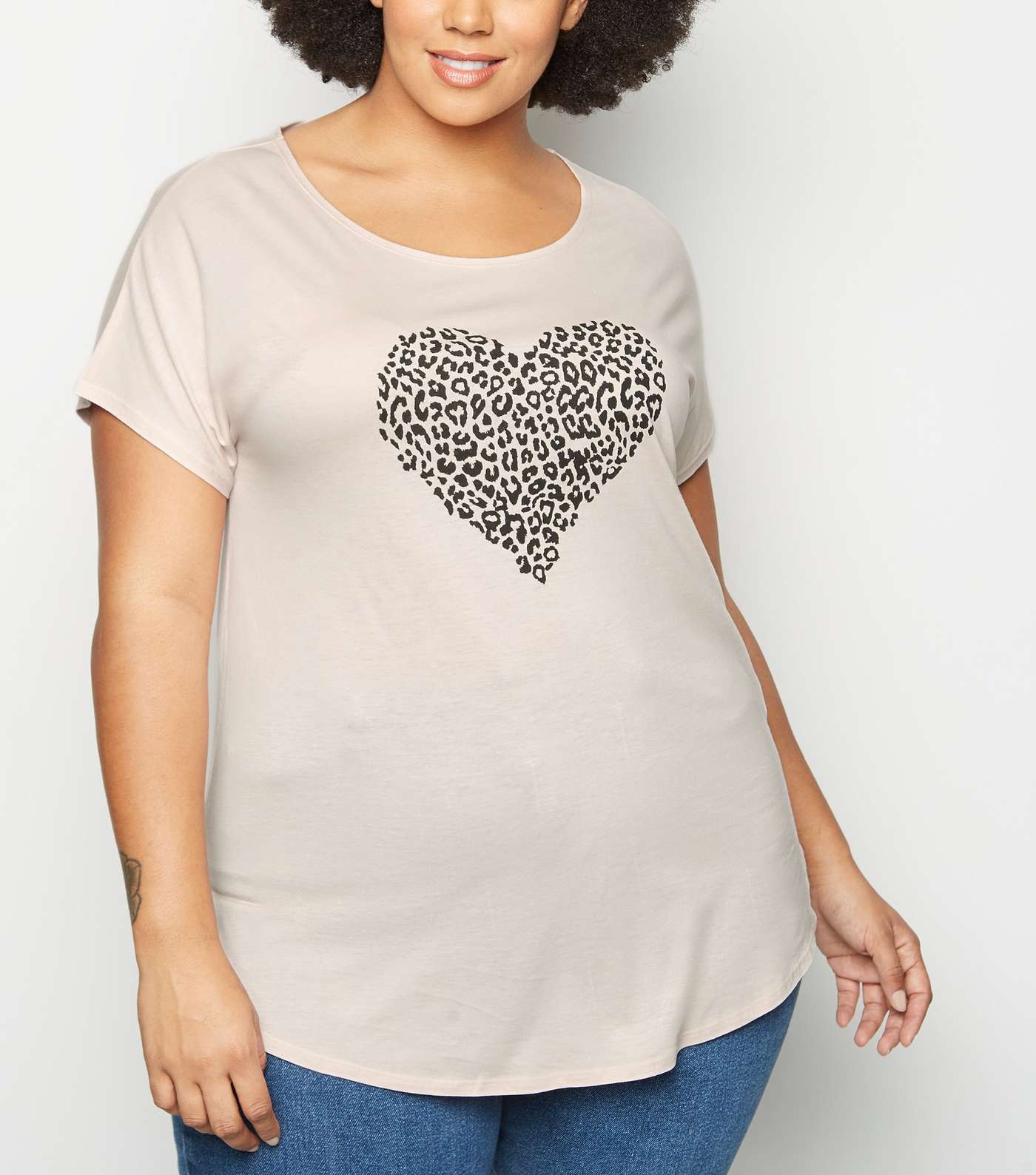 Curves Pale Pink Leopard Print Heart T-Shirt