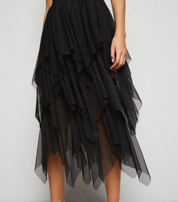 Cameo Rose Black Tiered Mesh Midi Skirt New Look