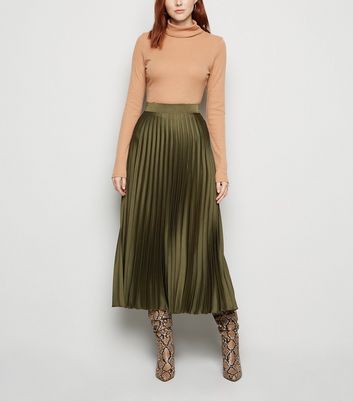 Tall Khaki Satin Pleated Midi Skirt | New Look