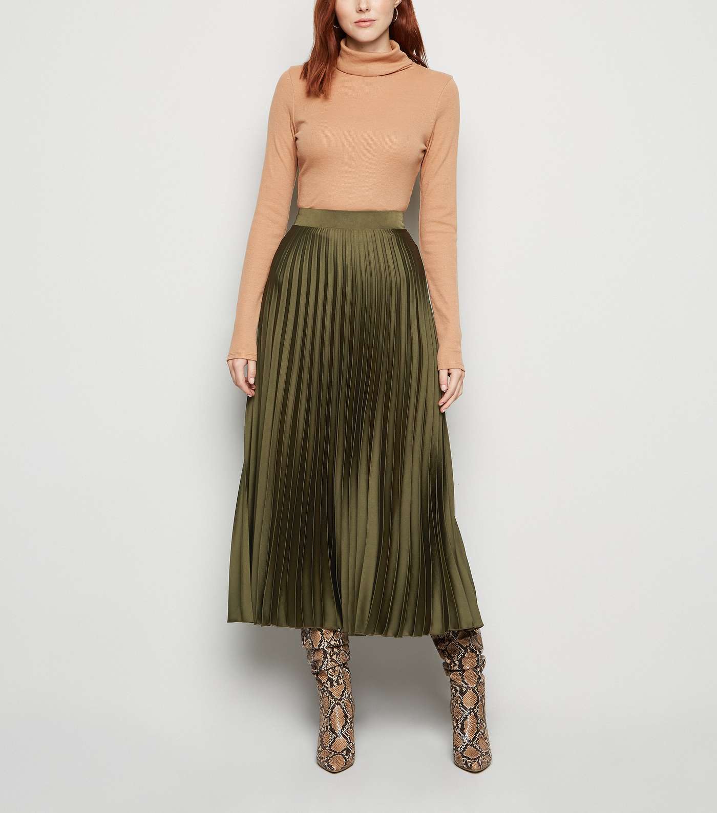 Tall Khaki Satin Pleated Midi Skirt