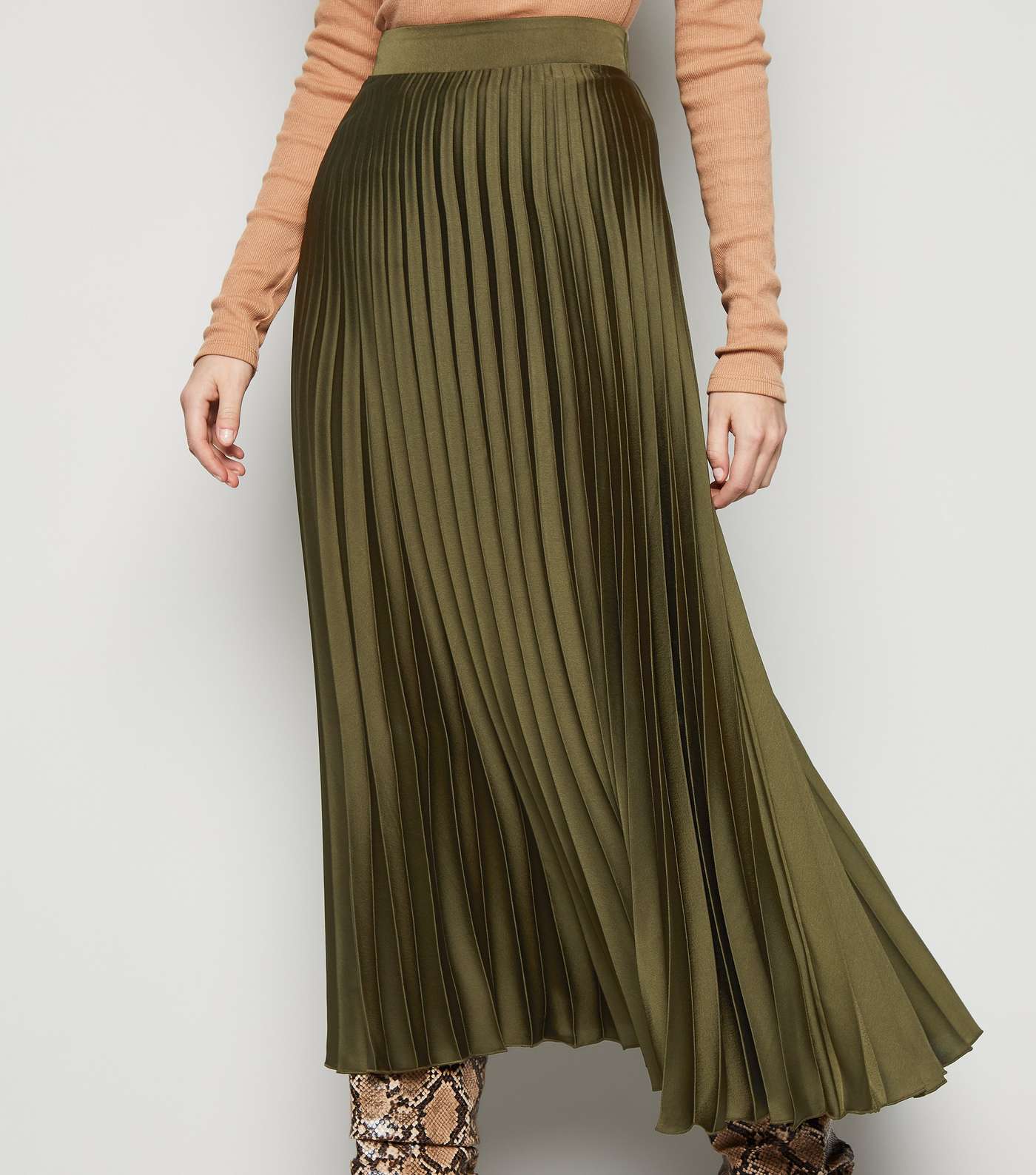Tall Khaki Satin Pleated Midi Skirt Image 5