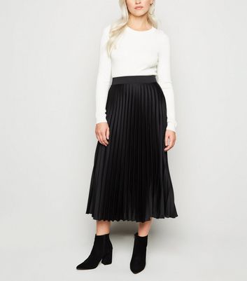 Petite Black Satin Pleated Midi Skirt | New Look