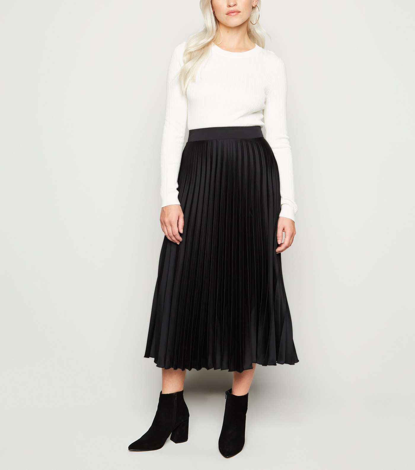 Petite Black Satin Pleated Midi Skirt