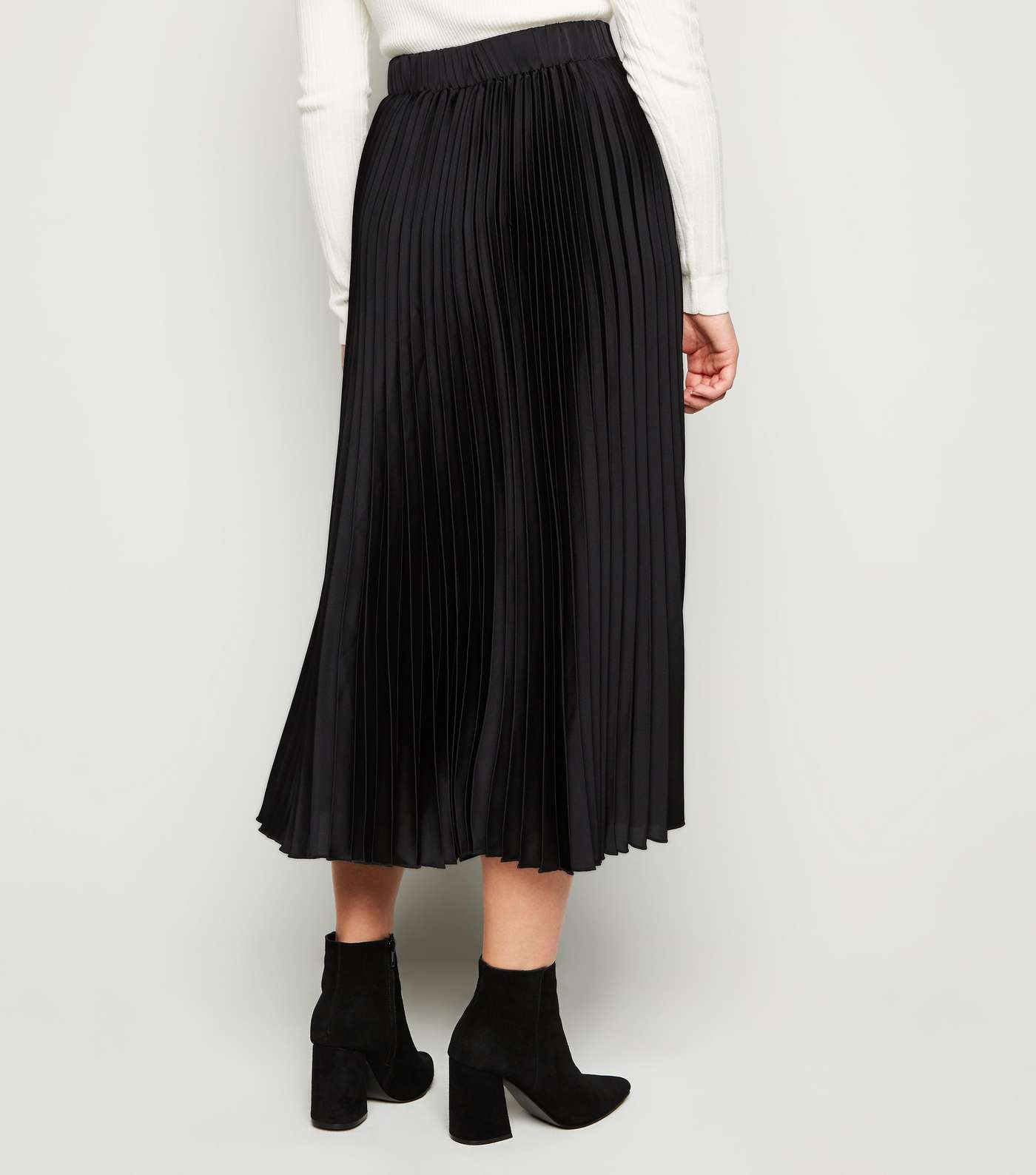 Petite Black Satin Pleated Midi Skirt Image 3