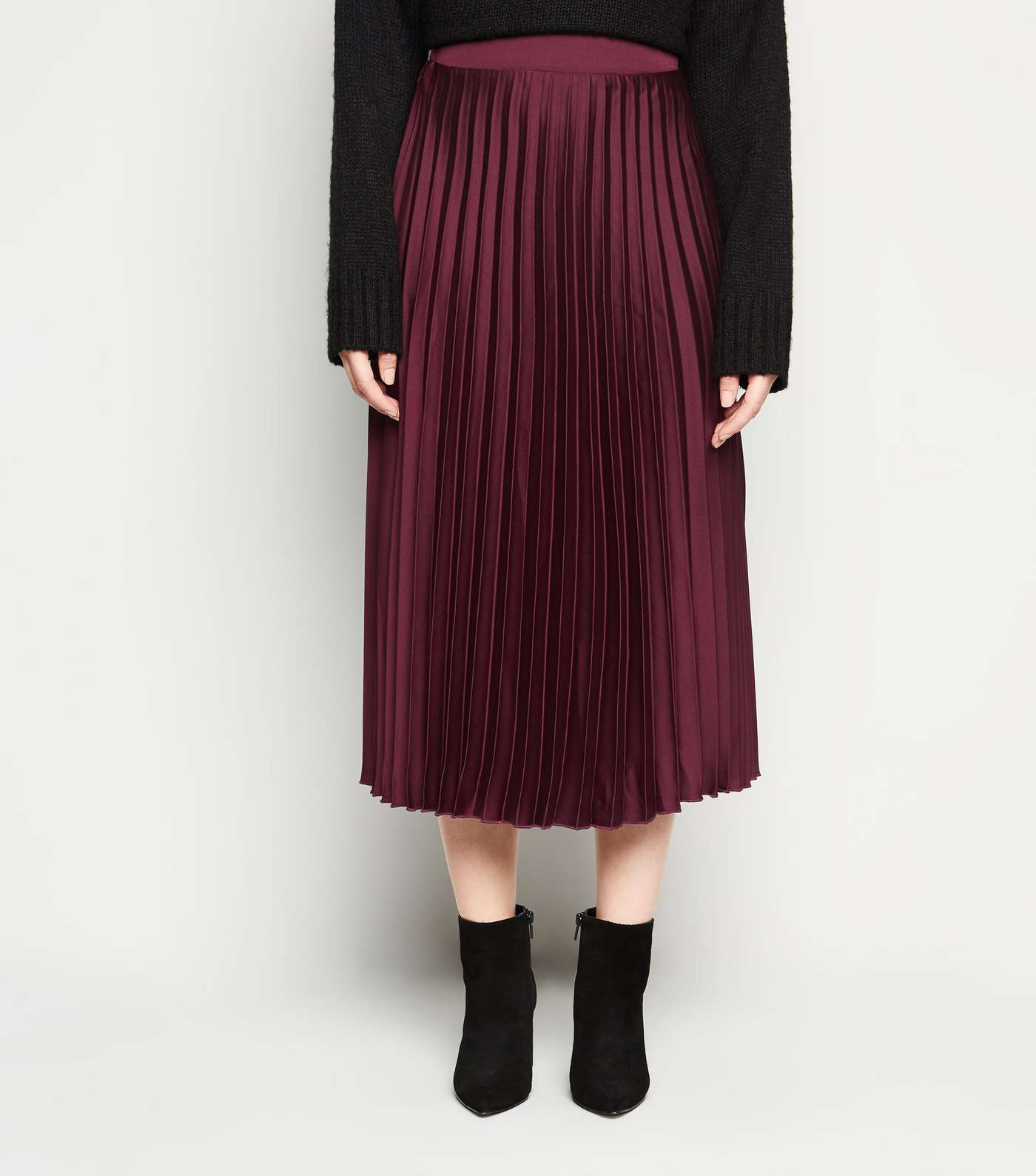 Petite Burgundy Satin Pleated Midi Skirt Image 2