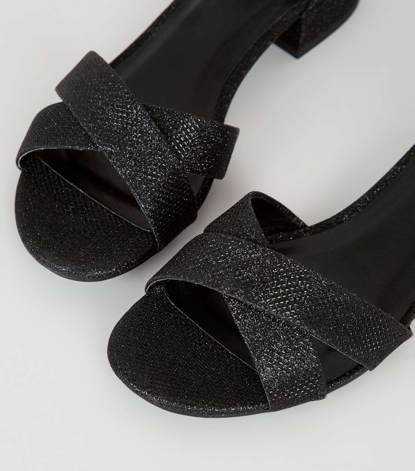 Girls Black Glitter Low Block Heel Sandals Image 3