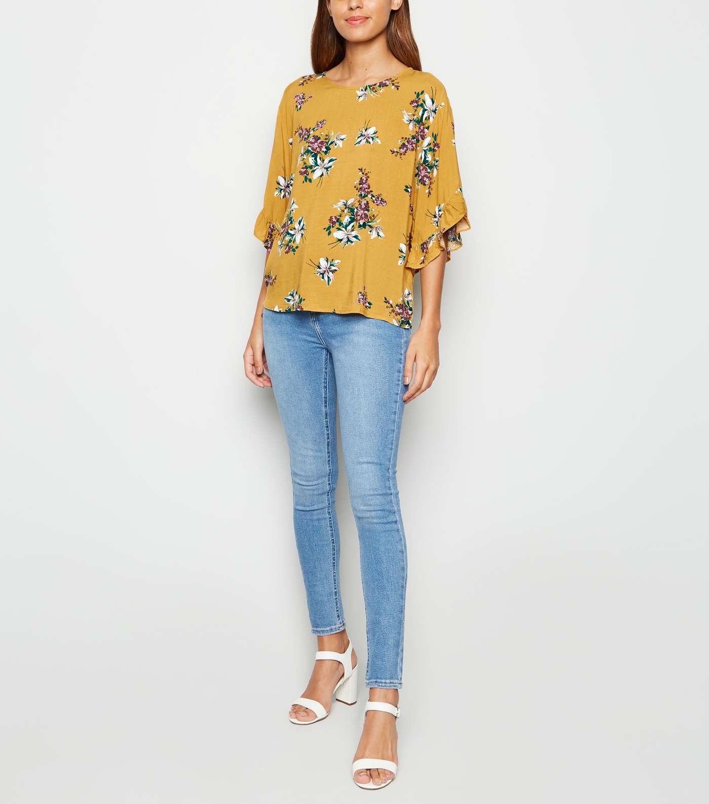 Apricot Mustard Floral Ruffle Sleeve Top
